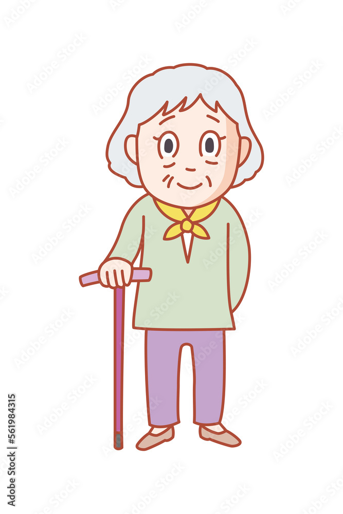 白髪の綺麗な70代くらいのおばあちゃん。膝を悪くしたので、杖をついているが、健康のために散歩に行くのが日課。