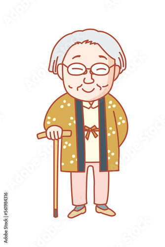 白髪の70代～80代くらいの杖をついているおばあさん。いつもニコニコしていて家の近所で畑の仕事をしている。