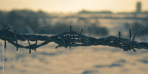 Barbed wire with a blurry background in the snow