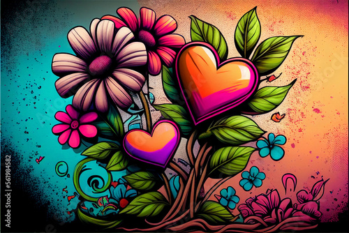 Illustration of colorful hearts and flowers painted in graffiti style. valentine day background idea, cool wallpaper - Generative AI Illustration