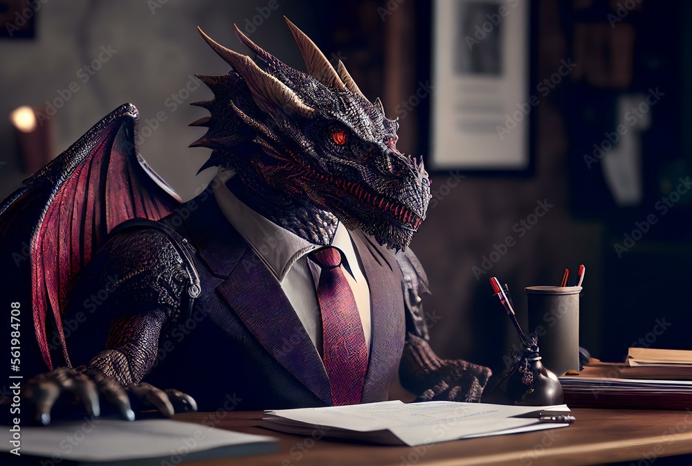 dragon wearing a suit and tie, sitting at a desk with a stack of papers and a pen in front of it (AI Generated) dragon wearing a suit and tie, sitting at a desk with a stack of papers and a pen in front of it (AI Generated)