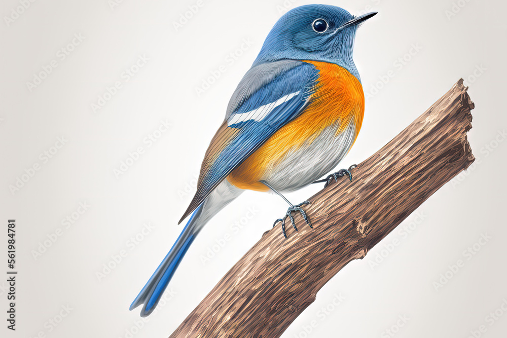 fascinated blue and orange bird perching on thin wood isolated on white background, Chinese blue flycatcher (Cyornis glaucicomans). Generative AI