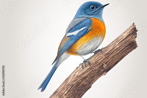 fascinated blue and orange bird perching on thin wood isolated on white background, Chinese blue flycatcher (Cyornis glaucicomans). Generative AI © 2rogan