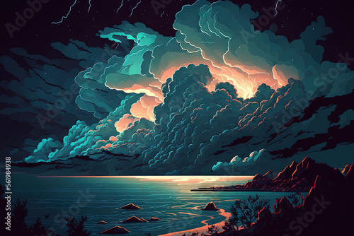 Thunderstorms and large cumulus clouds at night over the Black Sea. Generative AI