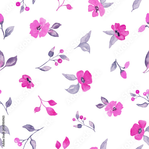 Watercolor seamless pattern with abstract purple flowers, leaves, branches, berries. Hand drawn floral illustration isolated on white background. For packaging, wrapping design or print. Vector EPS.