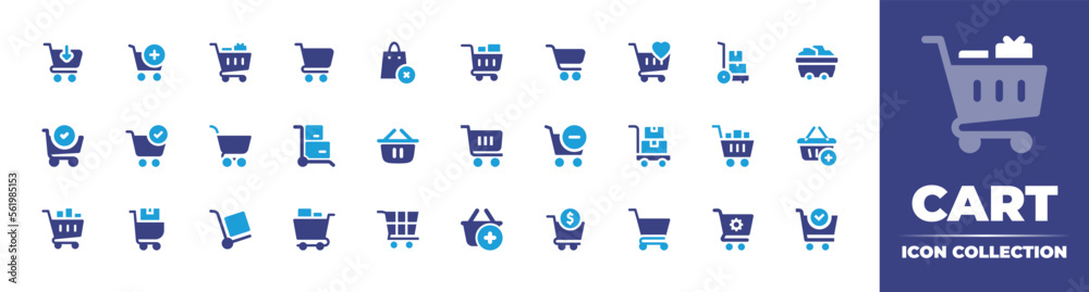 Cart icon collection. Duotone color. Vector illustration. Containing add cart, add to cart, trolley, trolley cart, no shopping cart, shopping cart, mine cart, ecommerce, push cart, cart, and more. - obrazy, fototapety, plakaty 