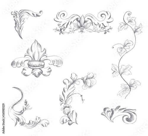Set of vintage baroque elements drawn in pencil