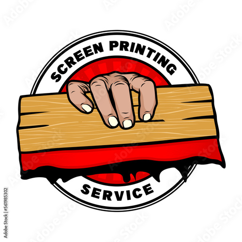 screen printing silk with hand holding squeegee logo design inspiration, Design element for logo, poster, card, banner, emblem, t shirt. Vector illustration