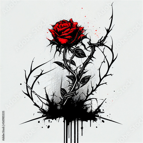 Fototapeta Naklejka Na Ścianę i Meble -  Generative AI illustration of roses and thorns made with ink, black and red details