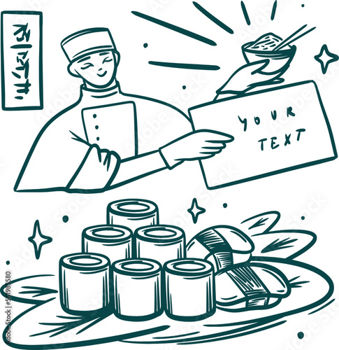 Asian food Collection clip art. Cook holding ramen and sushi set illustration