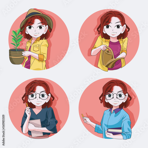 Female Occupations. Women professional group, Teacher and Woman Gardening vector illustration