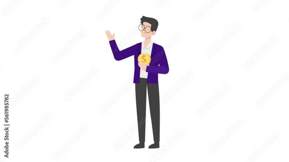 Man holding a Dollar coin.Businessman presenting character design. Man holding a Dollar coin.Businessman presenting character design.