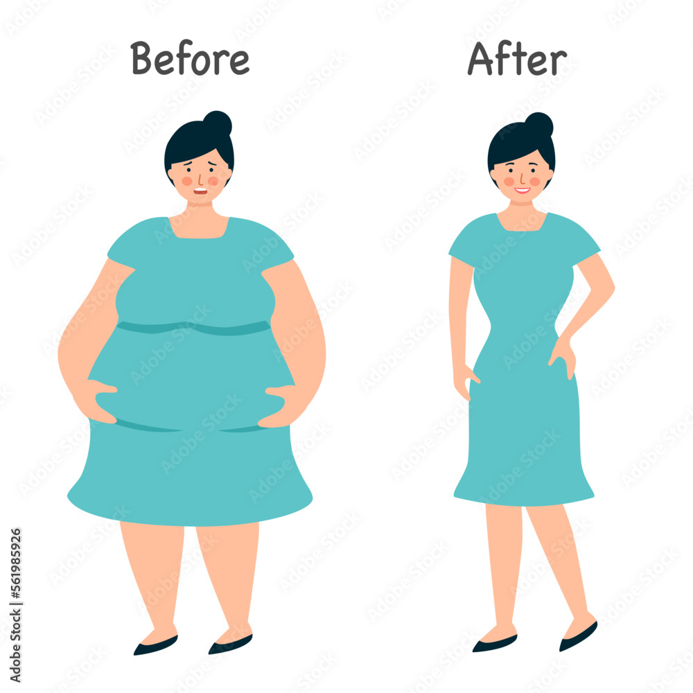 Woman body before and after weight loss in flat design on white background. Woman body before and after weight loss in flat design on white background.