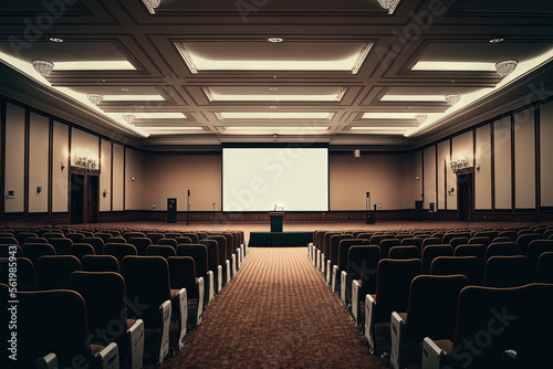 Empty conference hall with video projector and screen. Generative AI