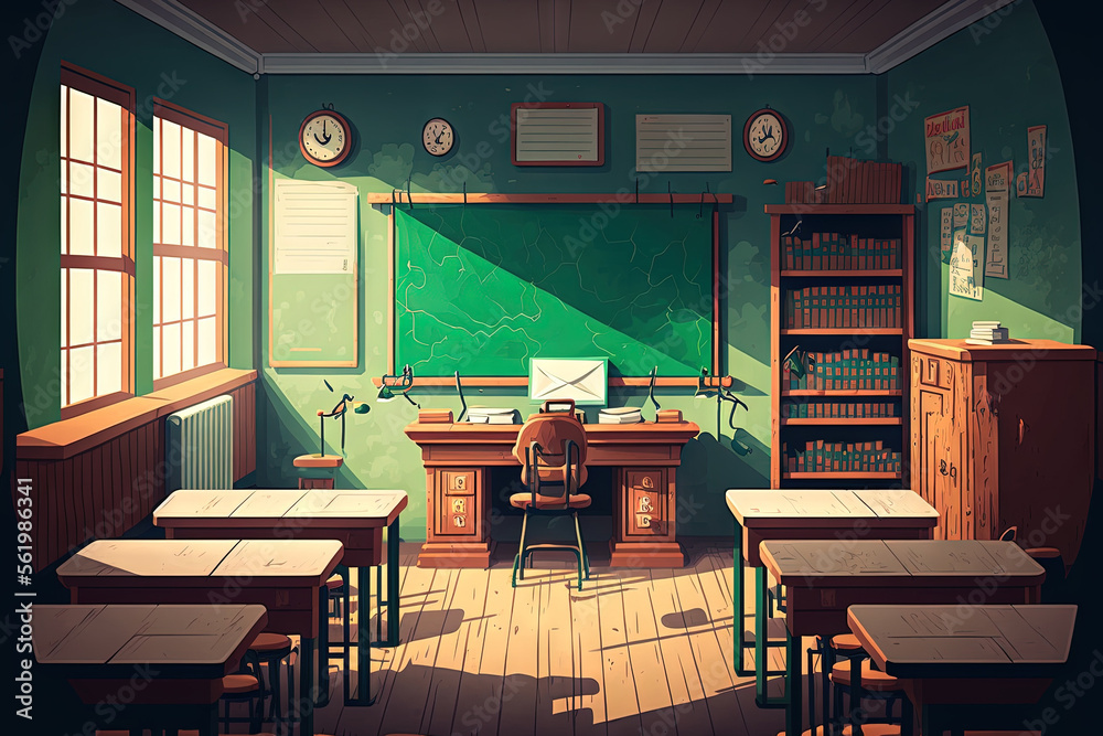 Classroom with empty wooden desks and with green board , in scool. Generative AI