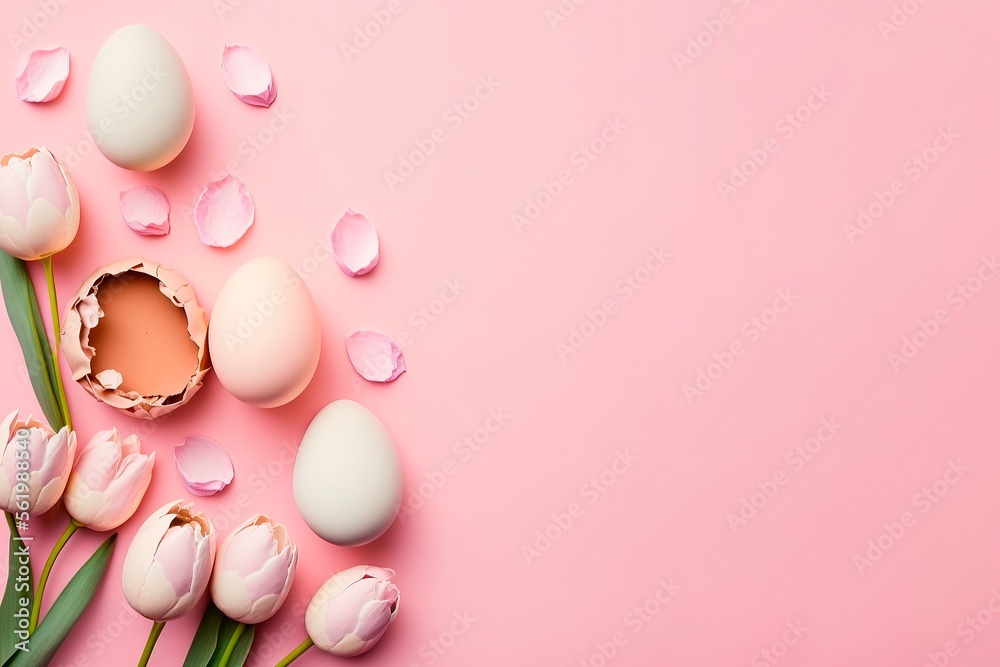 Colorful Eggs isolated on pastel background. Copy space.eggs and tulips on pink background. generative ai Colorful Eggs isolated on pastel background. Copy space.eggs and tulips on pink background. generative ai