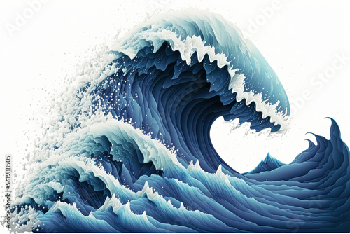 Large stormy sea wave in deep blue, isolated on white. Nature of the climate. in front. Generative AI