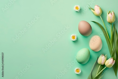 Colorful Eggs isolated on pastel background. Copy space. eggs and tulips on green background. generative ai