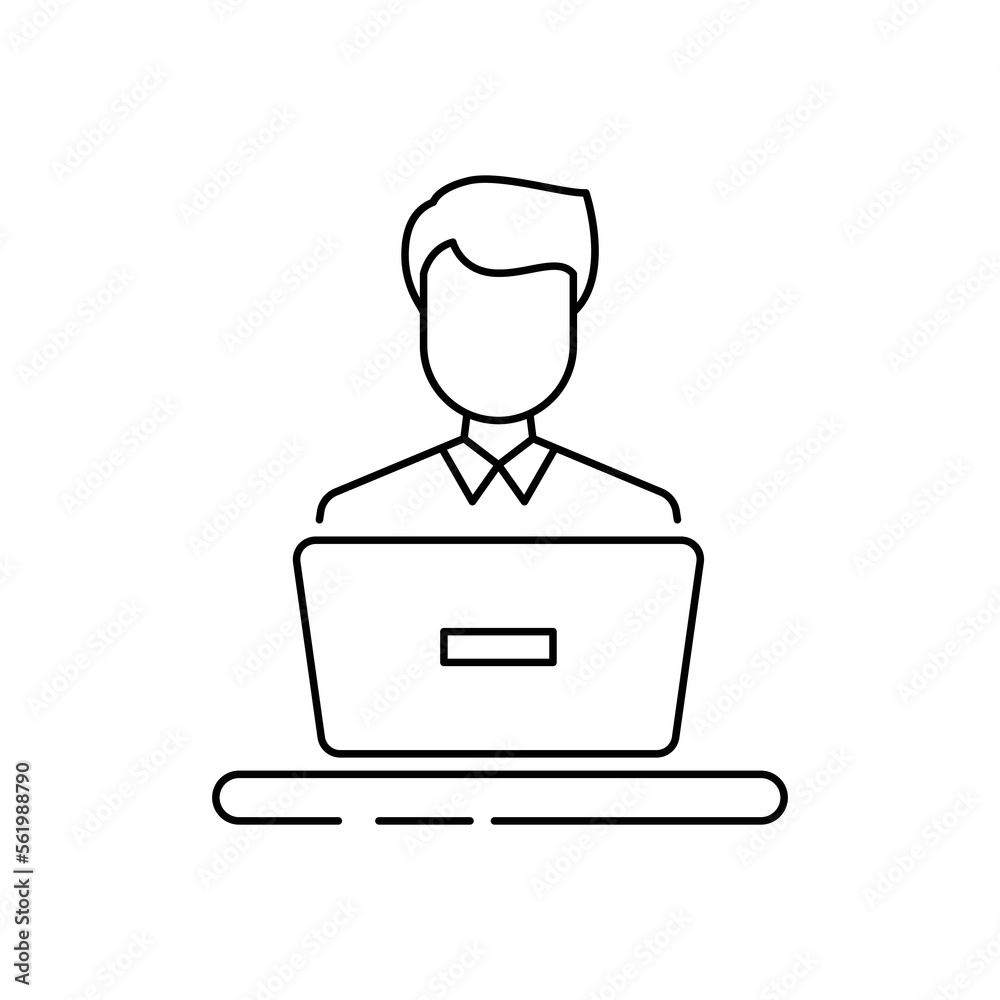 Man using laptop icon design. Blogger or user with laptop computer on remote work from home office icon. person at the desk with a workstation. vector illustration