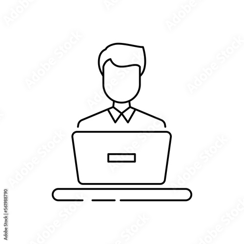 Man using laptop icon design. Blogger or user with laptop computer on remote work from home office icon. person at the desk with a workstation. vector illustration