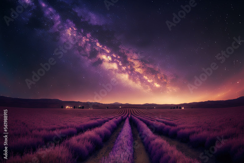 Stunning natural setting Beautiful milky way sky and lines of a lavender meadow at night. Spring and summer scenery, a creative view of the landscape and the sky. inspiring natural setting. Generative