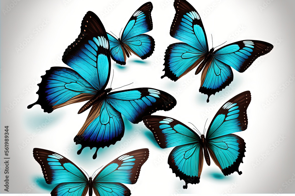 Obraz premium Amazing common morpho butterflies flying on white background. Generative AI