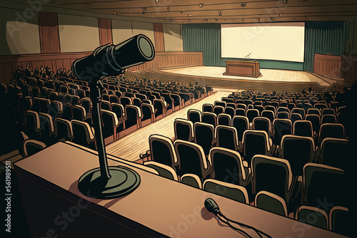 Large classroom, university lecture hall; view from lectern with microphone. Generative AI photo