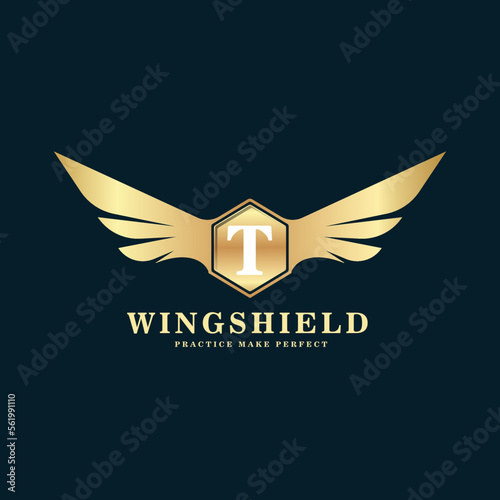 winged shield golden logo vector illustration