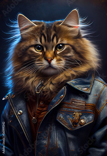 Siberian Cat Breed Portrait wears a leather jacket