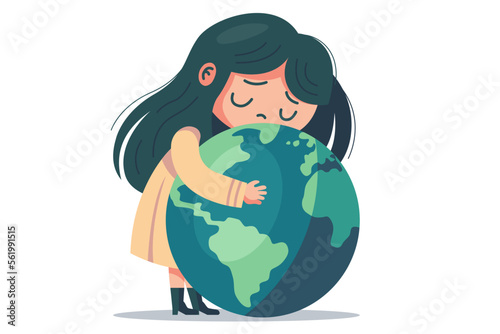 little girl hugs the planet. care for planet earth. save nature. flat vector illustration.