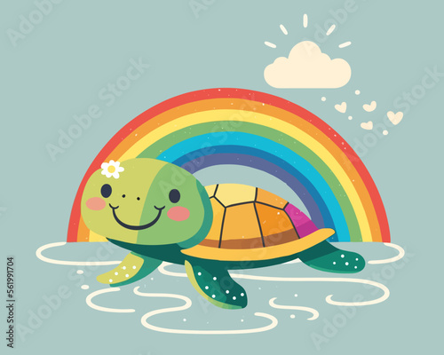 cute turtle character in a puddle and a rainbow in the sky. flat vector illustration. © PlutusART