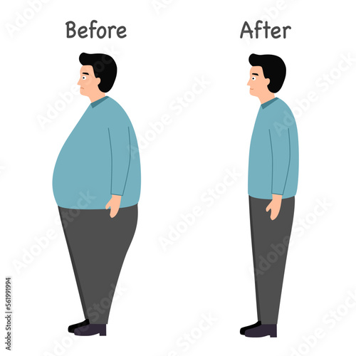 Man body before and after weight loss in flat design on white background.