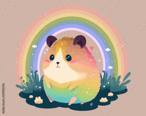 cute hamster sits on the ground under a rainbow. flat vector illustration.