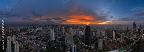 Jakarta Panoramic from Sudirman street view during the golden hour. Jakarta is capital city of indonesia before it be moved to Kalimantan. © alfin
