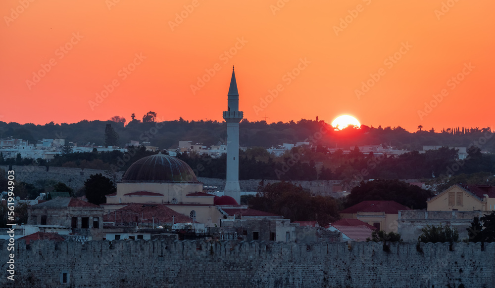 Mosque in Historic Old Town in City on the Mediterranean Sea, Rhodes, Greece. Sunset