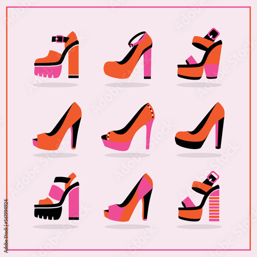 Red and pink funky and modern platform high heels summer shoes icons set poster