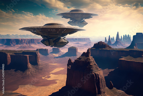 Fotografia Alien spaceship fleet above the Grand Canyon, in Canyonlands, Utah, USA, for futuristic, fantasy and interstellar travel or war game backgrounds