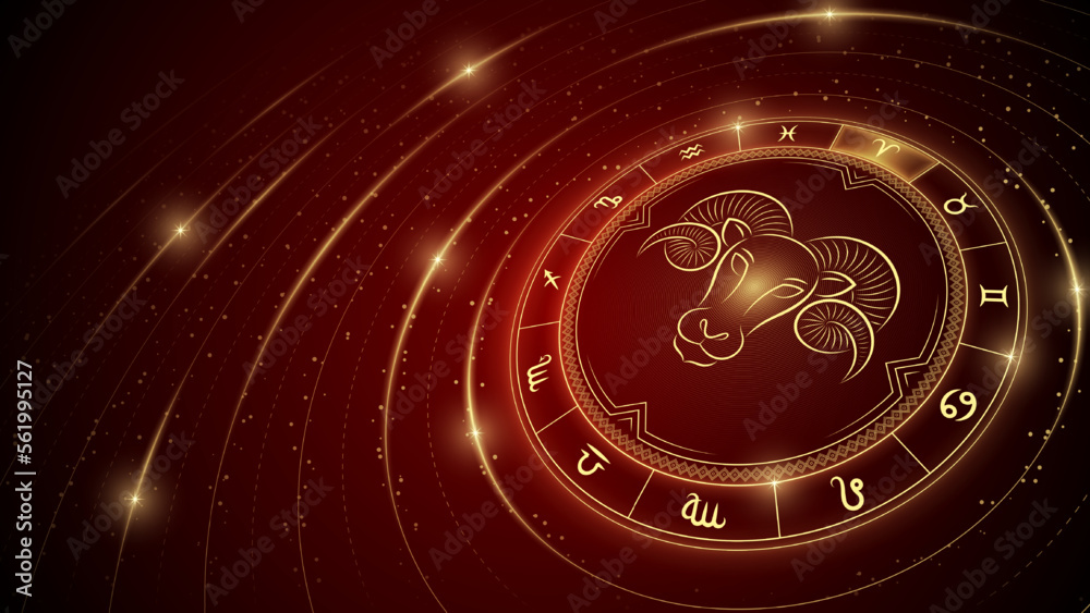 Aries Zodiac Symbol, Wheel of Twelve Sign, Glowing Ray of Star Light in ...