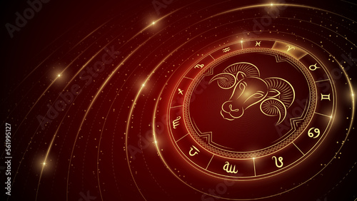Aries Zodiac Symbol, Wheel of Twelve Sign, Glowing Ray of Star Light in Space, Horoscope and Astrology Concept Element for Fortune-Telling, Stellar Backdrop Background Vector Illustration.