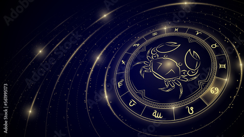 Cancer Zodiac Symbol, Wheel of Twelve Sign, Glowing Ray of Star Light in Space, Horoscope and Astrology Concept Element for Fortune-Telling, Stellar Backdrop Background Vector Illustration.