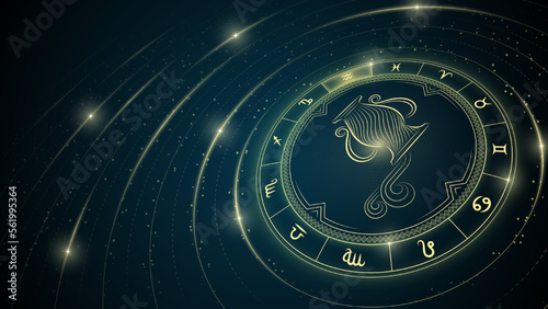 Aquarius Zodiac Symbol, Wheel of Twelve Sign, Glowing Ray of Star Light in Space, Horoscope and Astrology Concept Element for Fortune-Telling, Stellar Backdrop Background Vector Illustration.