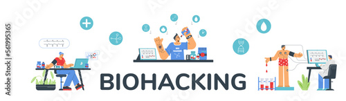 Biohacking header for web banner with healthy athletic people, vector isolated.