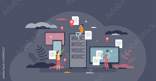 CDN content delivery network for information distribution tiny person concept. Global server connection for effective website performance vector illustration. Database optimization for fast browsing.