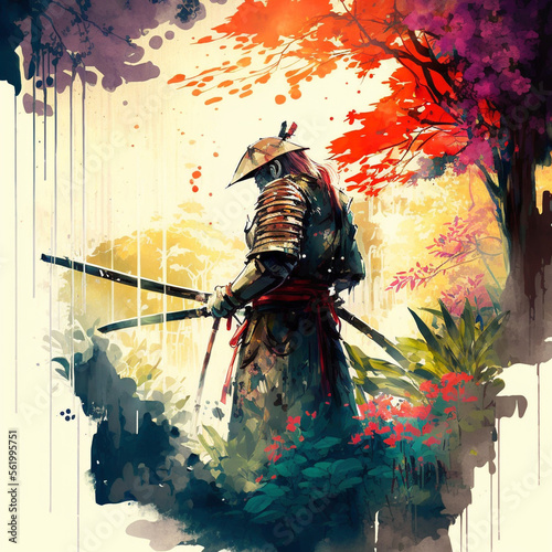 Japanese warrior in art watercolor painting 