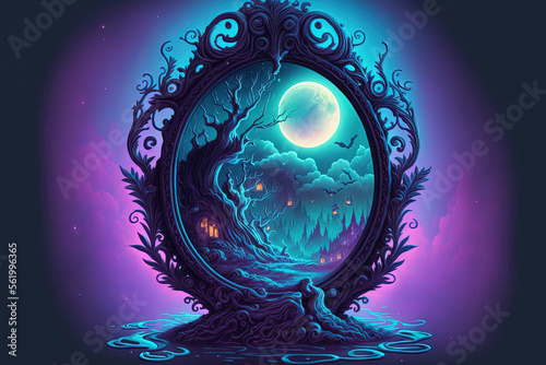 Magic mirror that can predict the future and tell fortunes, smoke, fog, and neon moonlight all feature in a classic fantasy book against a gloomy background. illustration. Generative AI