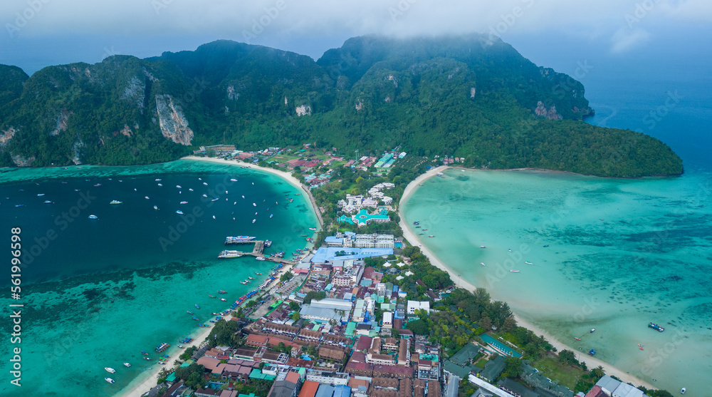 Aerial Panorama of tropical islands Phi Phi Don at sunset with fog. Krabi, Thailand