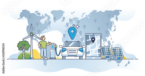 EV charging stations network for electric vehicle recharge outline concept. Car battery plug in infrastructure with global location map vector illustration. Power supply using green renewable sources.