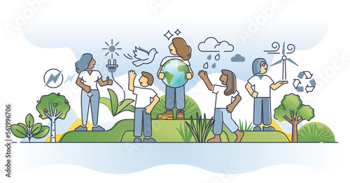 Green eco life society with renewable resource consumption outline concept. Nature friendly, sustainable and environmental responsible living using alternative power to save earth vector illustration. photo