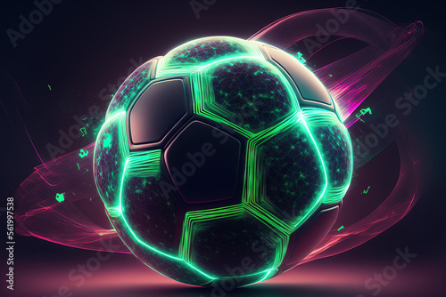 Naklejka Soccer Ball in Panoramic Futuristic Neon Style. Generative AI