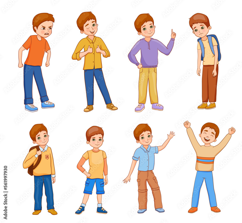 Set of illustrations of boy characters with different emotions. Little cute happy boy with backpack isolated on white background. Vector flat cartoon illustration Set of illustrations of boy characters with different emotions. Little cute happy boy with backpack isolated on white background. Vector flat cartoon illustration